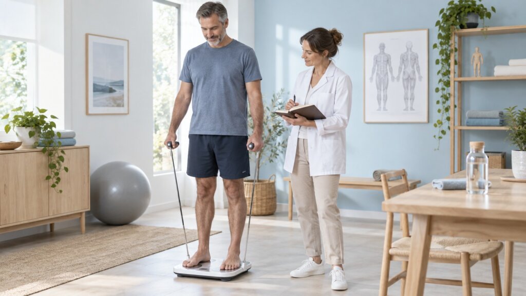 Homme debout sur une balance à poignées, accompagné d’une professionnelle de santé prenant des notes dans une pièce lumineuse.