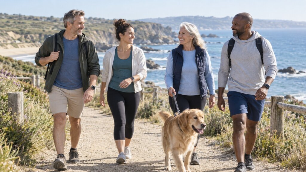 Quatre adultes marchent avec un chien sur un sentier côtier ensoleillé, entre végétation, falaises et océan.