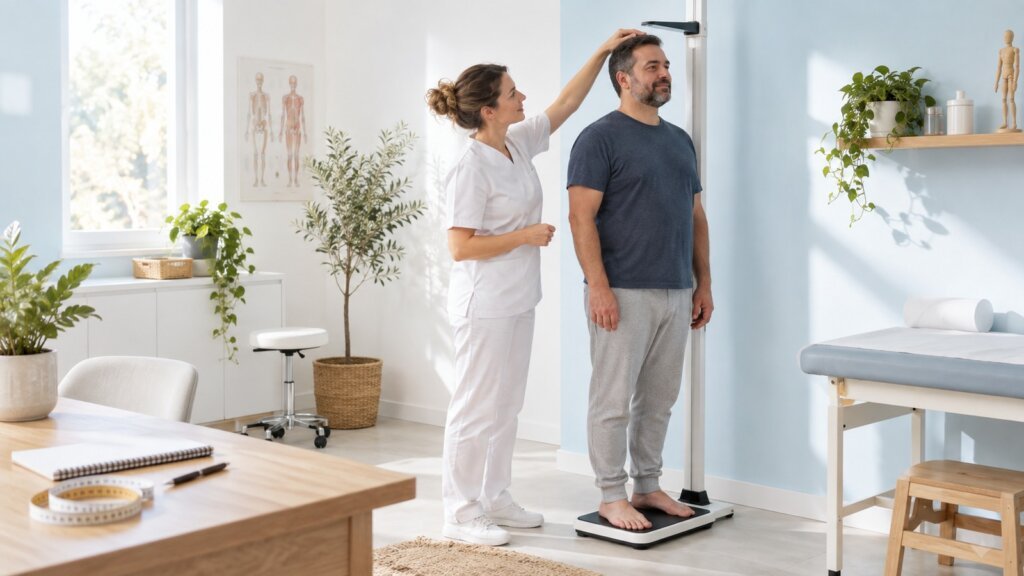 Soignante mesurant la taille d’un homme debout sur une balance médicale dans un cabinet lumineux, avec mètre ruban au premier plan.