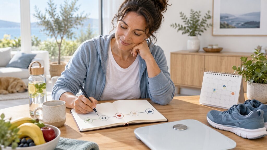Femme écrit dans un carnet près d’une balance, d’un calendrier, de chaussures de sport et de fruits à la maison
