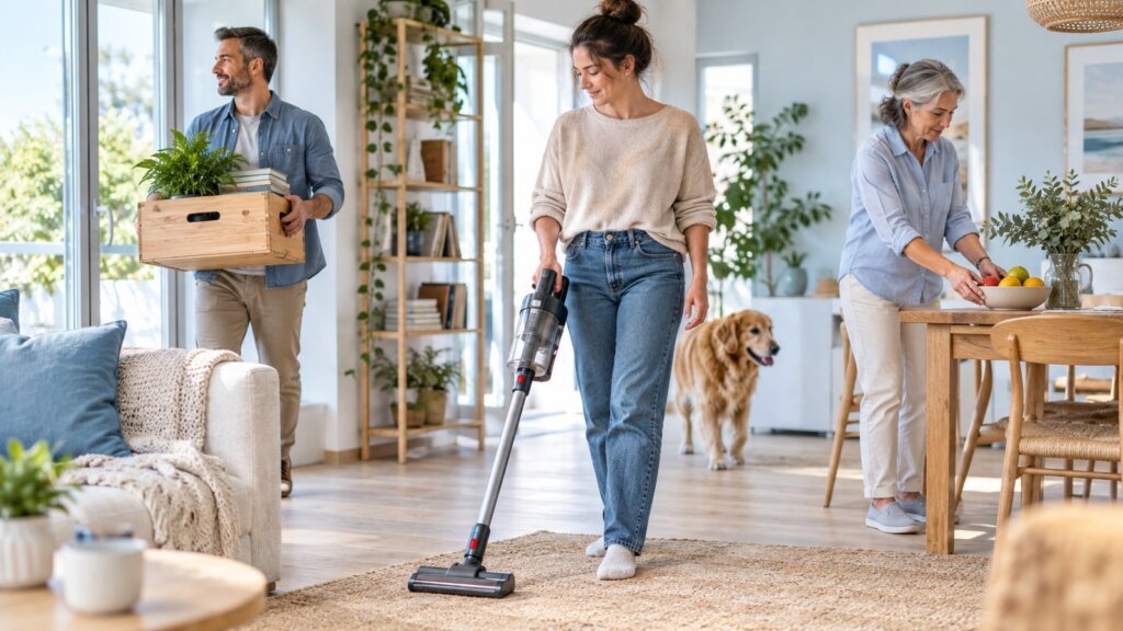 Trois adultes accomplissent des tâches ménagères dans une maison lumineuse, tandis qu’un chien se tient au centre.