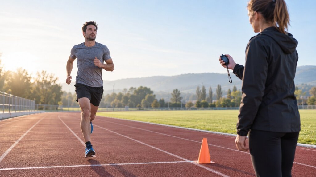 Coureur courant sur une piste d’athlétisme tandis qu’une sportive tient un chronomètre près d’un cône orange.