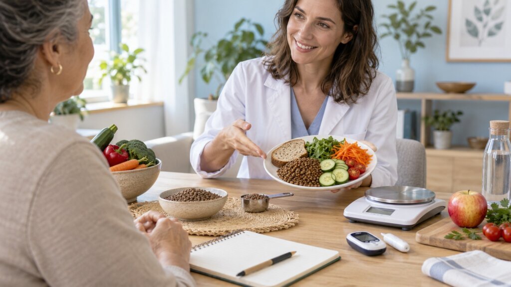 Une professionnelle de santé présente un repas équilibré à une femme âgée, entourées de légumes, lentilles, balance et lecteur de glycémie.