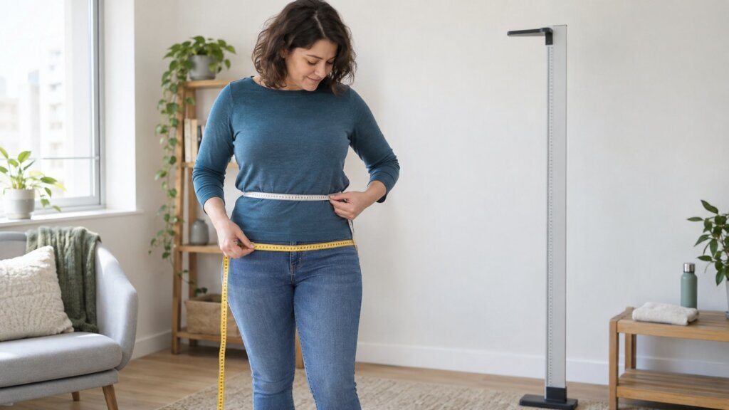 Femme mesurant simultanément sa taille et ses hanches avec deux rubans, devant une toise dans un intérieur lumineux.