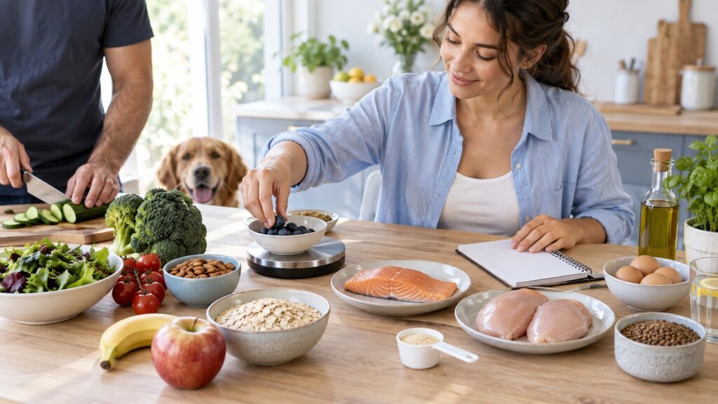 Femme pesant des myrtilles sur une balance, entourée de légumes, fruits, céréales, œufs, saumon, poulet et amandes.
