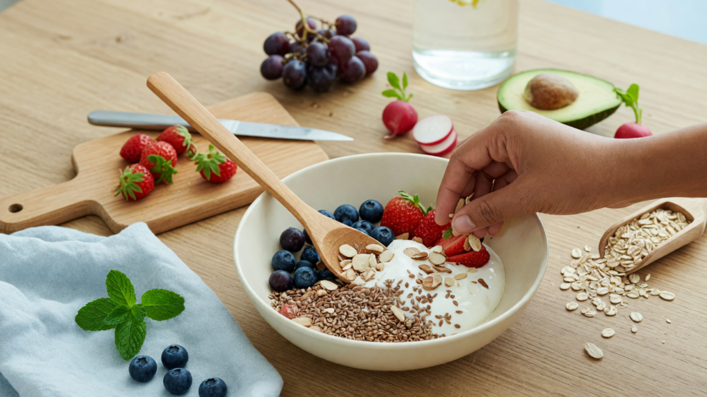Bol crémeux garni de myrtilles, fraises, amandes et graines, avec fruits, eau citronnée et ustensiles sur table en bois.