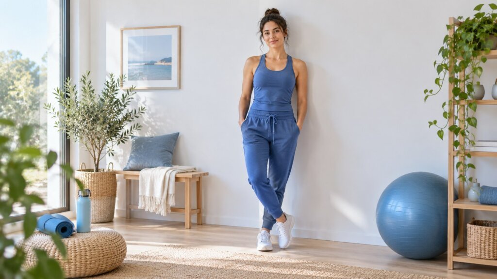 Femme en tenue de sport dans un salon lumineux, entourée de plantes, d’un ballon d’exercice et d’accessoires de fitness, souriante et détendue.