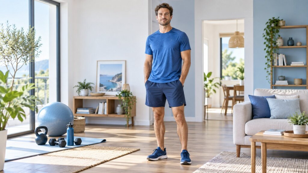 Homme en tenue sportive dans un salon lumineux, entouré d’accessoires de fitness, posture naturelle, ambiance saine et équilibrée.
