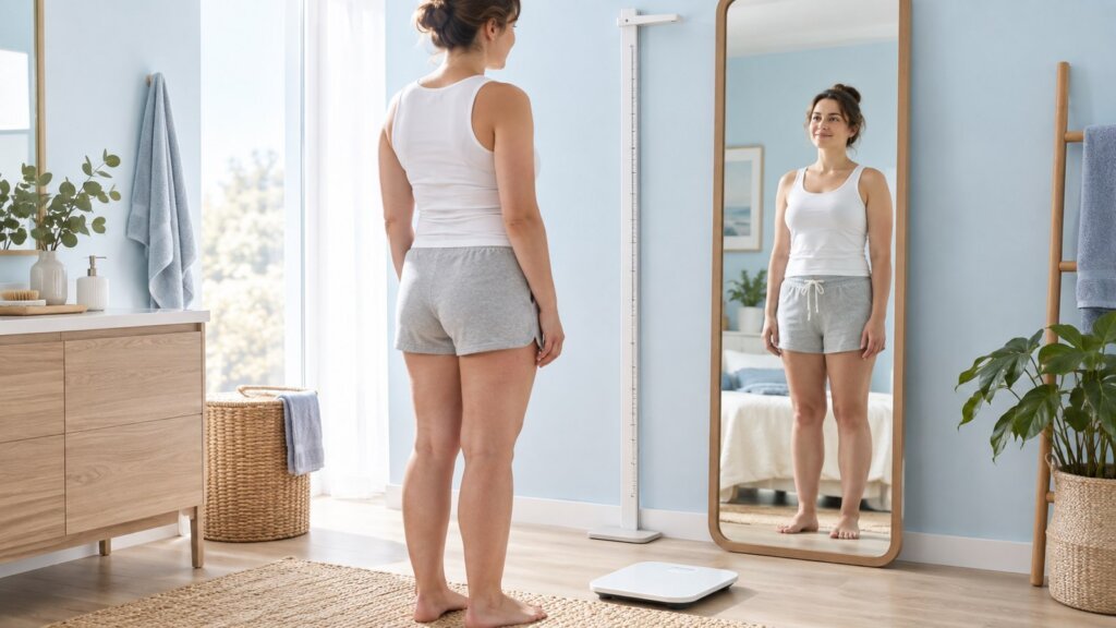 Femme debout devant un miroir, avec pèse-personne et toise dans une salle de bains lumineuse.
