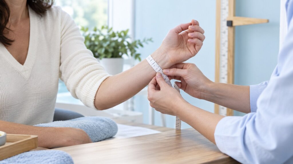 Professionnelle mesurant le tour du poignet d’une femme avec un mètre ruban dans un intérieur médical lumineux.