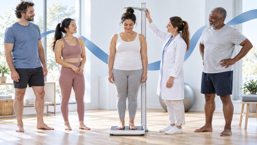 Plusieurs adultes entourent une femme mesurant sa taille sur une balance médicale, dans une salle lumineuse avec une soignante.