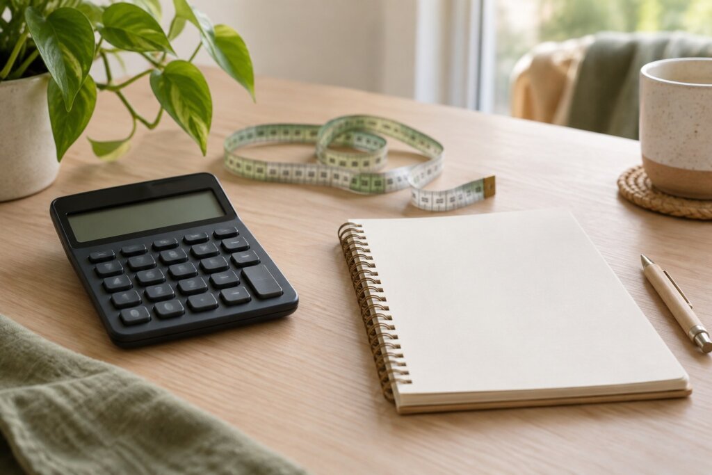 Calculatrice éteinte, carnet vierge et mètre ruban sur une table.