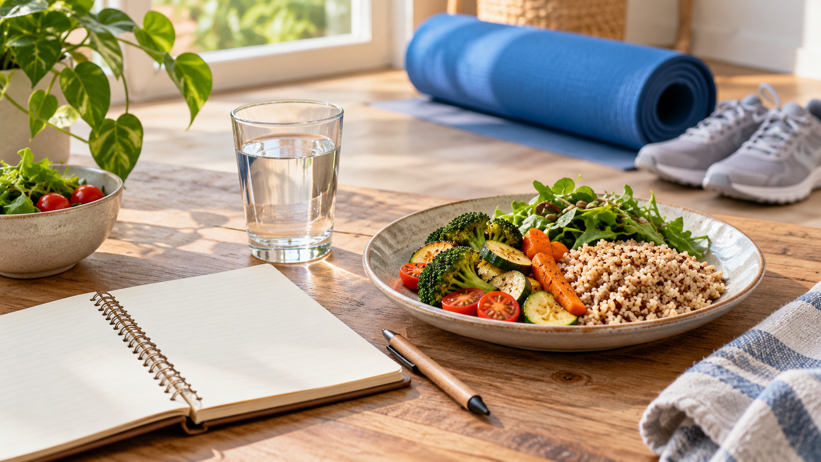 Repas simple, verre d'eau et chaussures de marche pour une routine active