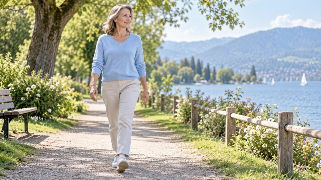 Femme d’environ 50 ans marchant en pleine nature, souriante, vêtue de manière décontractée, dans un cadre serein et verdoyant.