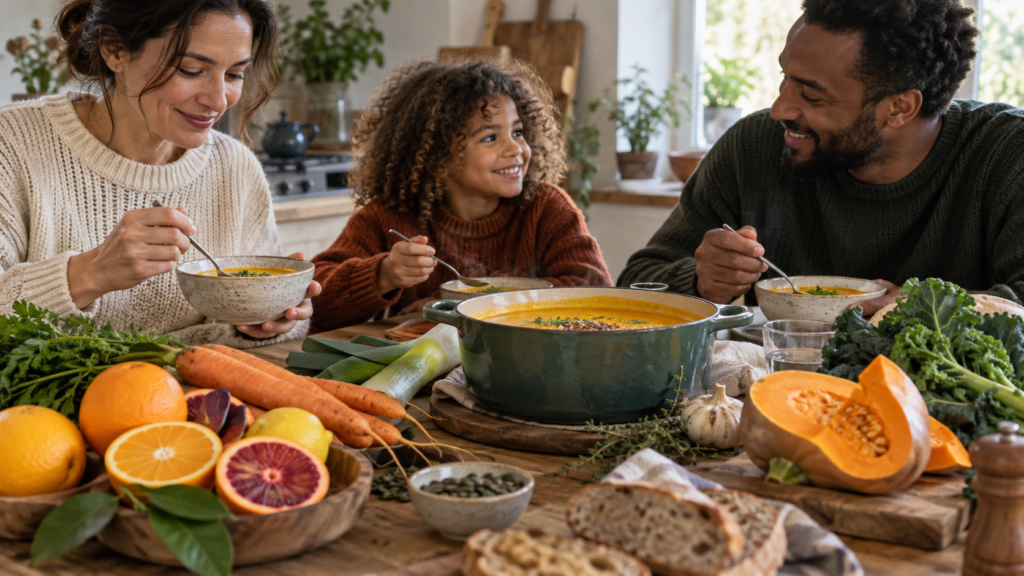 Famille diverse partageant une soupe chaude entourée de courges, carottes, poireaux, agrumes, chou kale et pain sur une table.