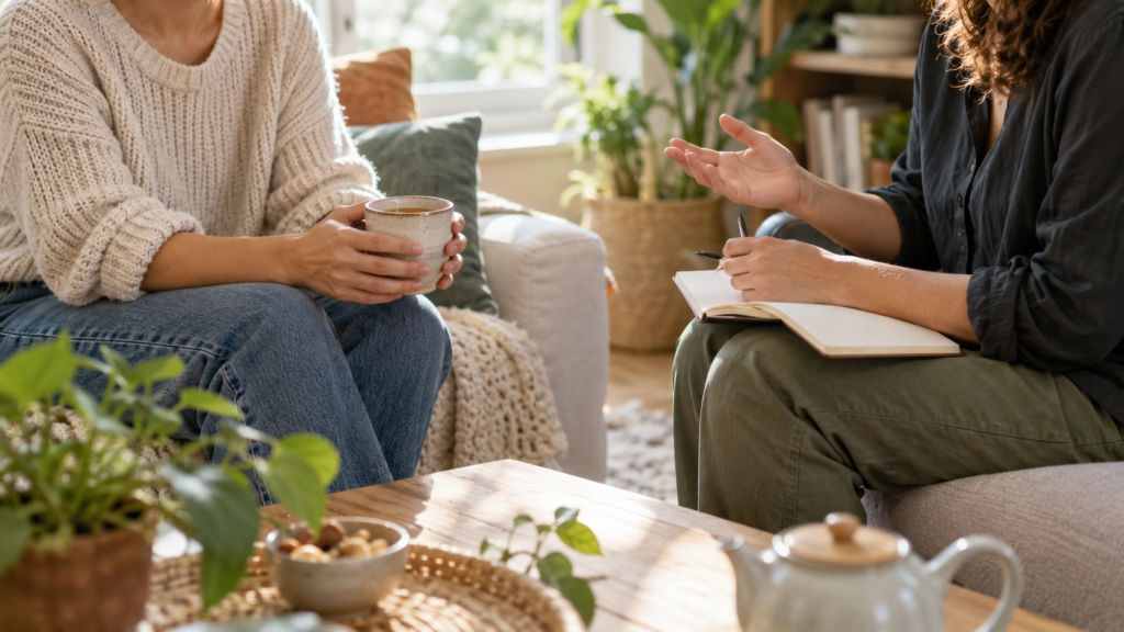 Deux femmes échangent dans un intérieur lumineux, l’une tenant une tasse tandis que l’autre prend des notes dans un carnet.