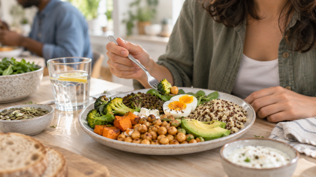 Personne mangeant une assiette de lentilles, œuf, pois chiches, légumes, avocat et céréales à table.