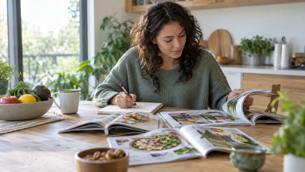 Femme assise à une table, écrivant dans un carnet parmi plusieurs magazines ouverts dans une cuisine lumineuse.