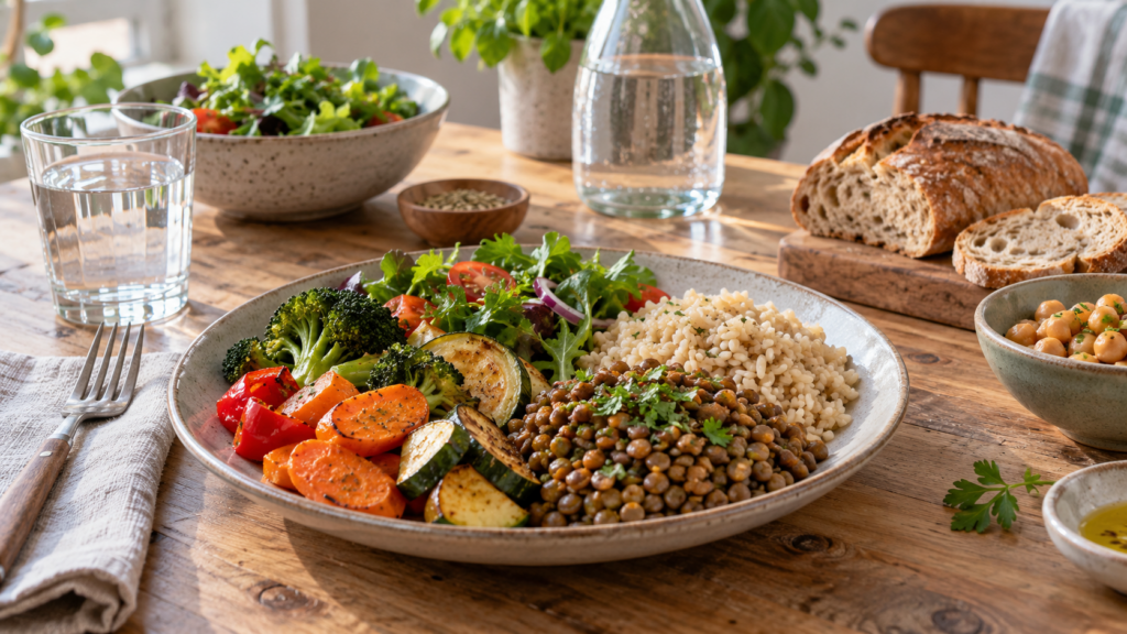 Assiette de légumes rôtis, lentilles et céréales, accompagnée de salade, pain, pois chiches et verres d’eau sur une table.