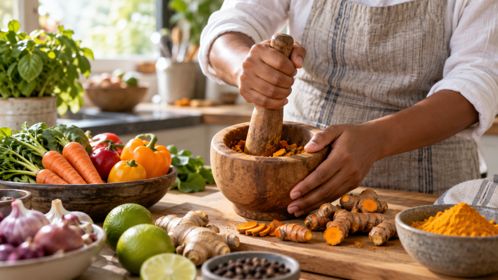 Personne préparant du curcuma dans un mortier, entourée de légumes, gingembre, citrons verts et épices sur une table de cuisine.