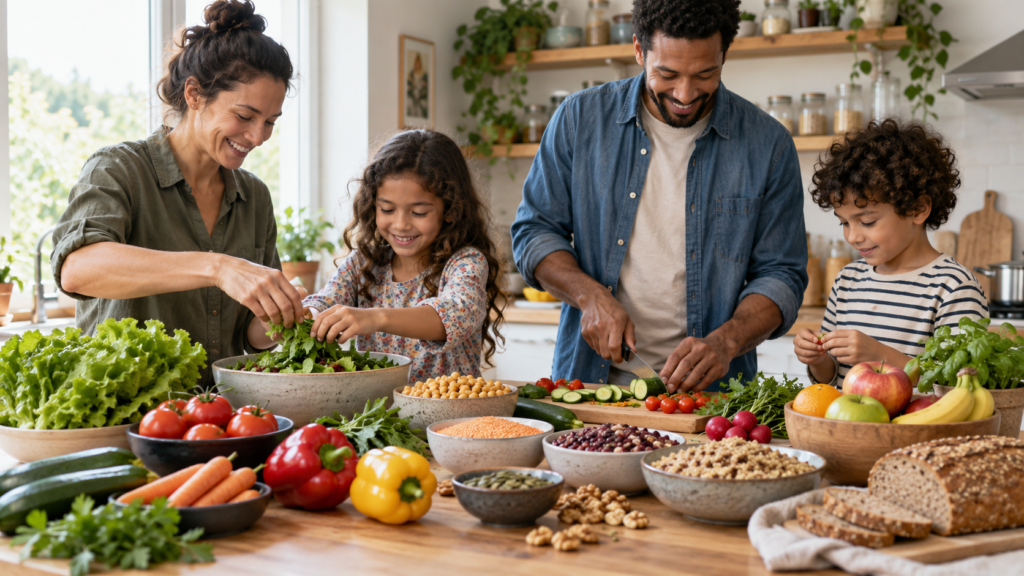 Une famille prépare ensemble une salade et dispose légumes, légumineuses, fruits, noix et pains variés dans une cuisine lumineuse.