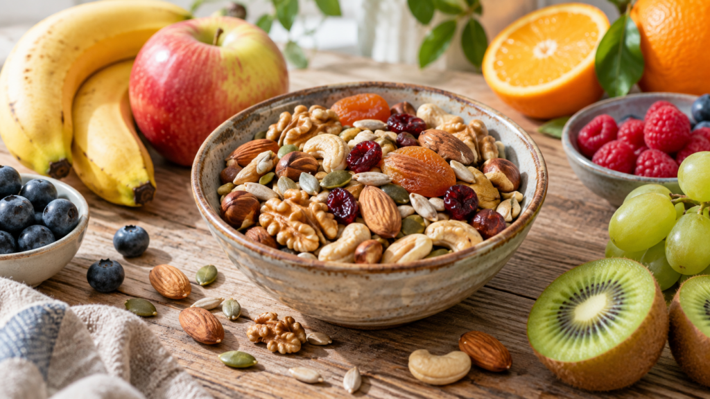 Bol de fruits secs variés entouré de fruits frais, posé sur une table en bois.