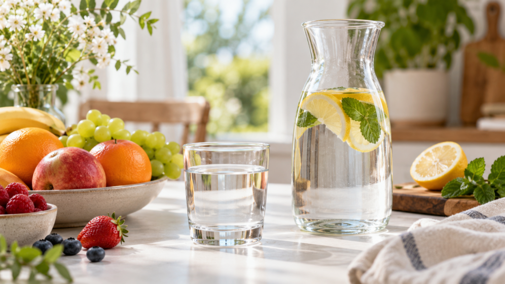 Verre et carafe d’eau, dont l’une aromatisée au citron et à la menthe, entourés de fruits frais dans une cuisine lumineuse
