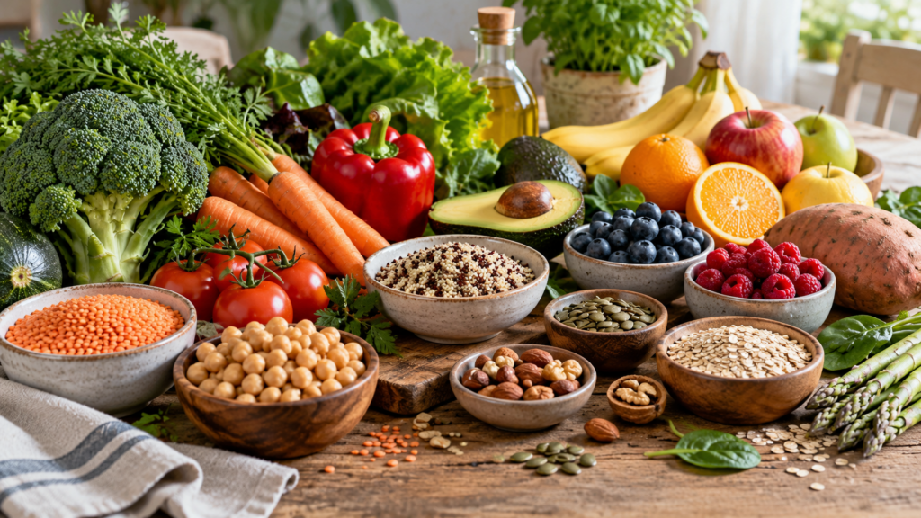 Assortiment coloré de légumes, fruits, légumineuses, céréales, noix et graines disposés sur une table en bois.
