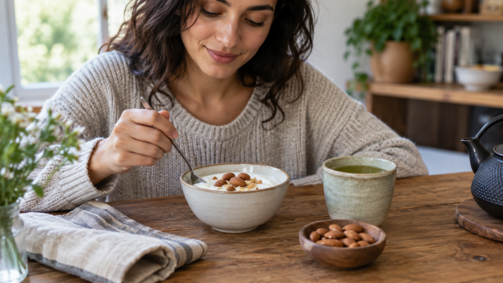 Femme mangeant un yaourt garni d’amandes, avec un bol d’amandes et une tasse de thé vert sur une table.