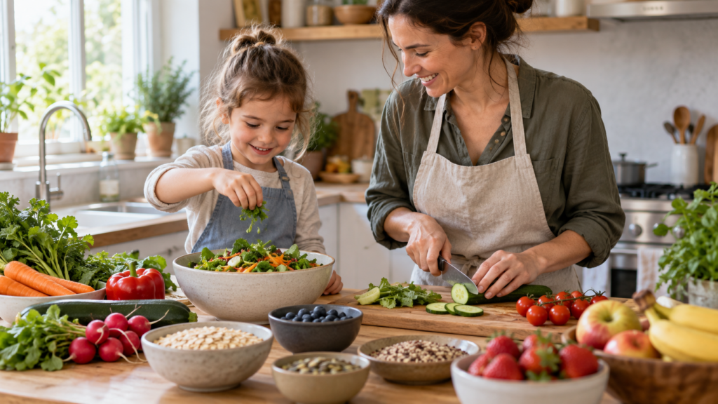 Une mère et une jeune fille préparent ensemble une salade avec légumes, fruits et graines dans une cuisine lumineuse.