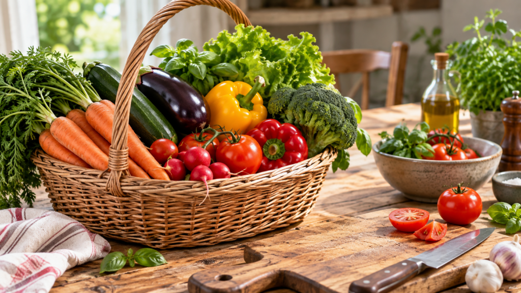 Panier de légumes variés, tomates, carottes, brocoli, poivrons et laitue, posé sur une table de cuisine en bois