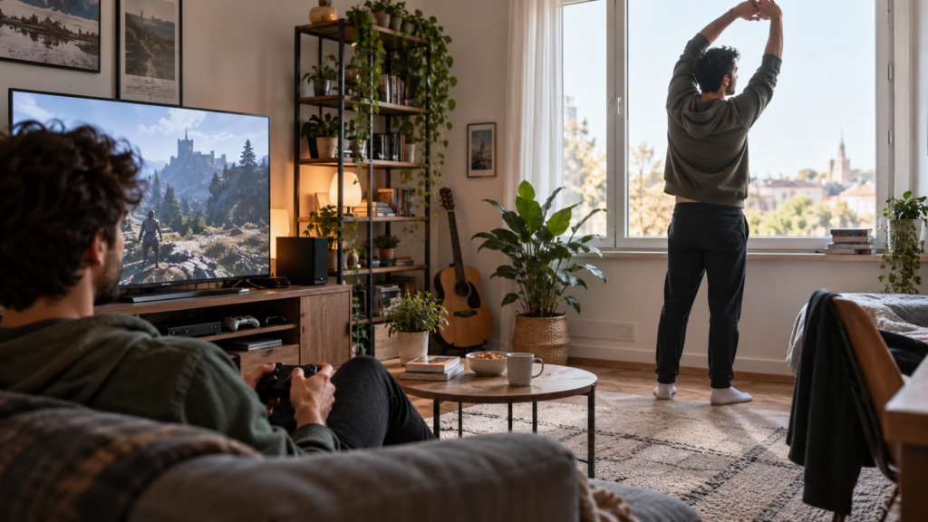 Un homme joue sur console tandis qu’un autre s’étire debout près d’une fenêtre dans un salon lumineux.