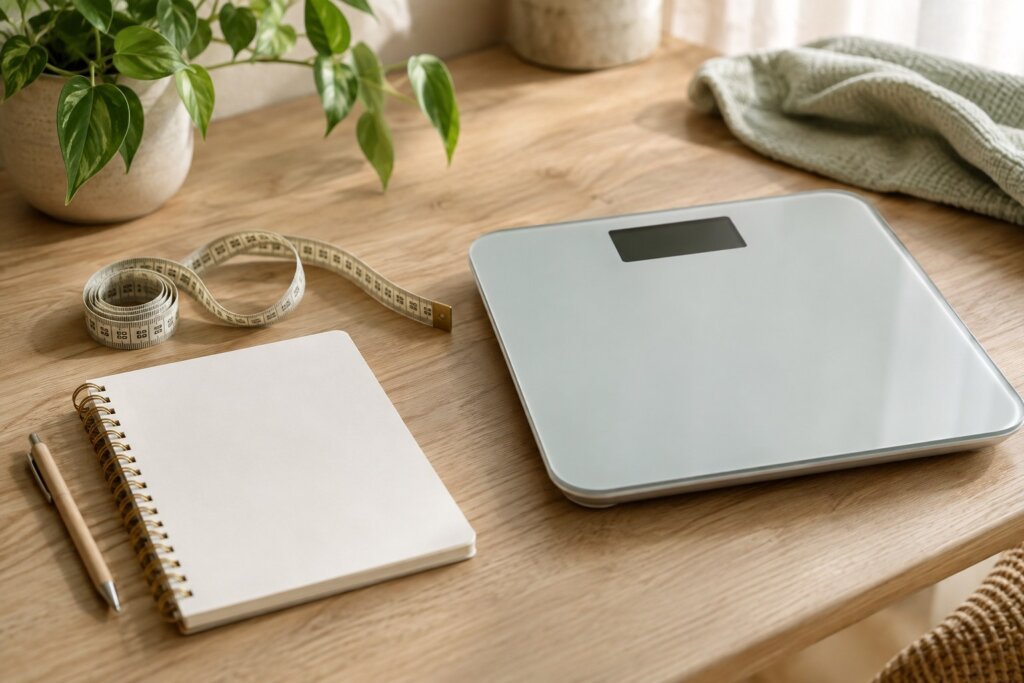 Carnet vierge, mètre ruban et balance éteinte sur une surface claire.