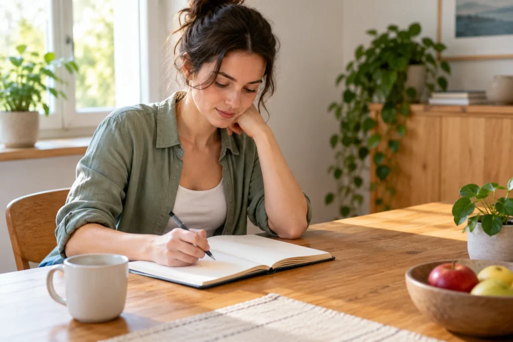 Adulte vérifiant calmement ses données de poids et de taille dans un carnet pour comprendre un résultat d’IMC inférieur à 18,5