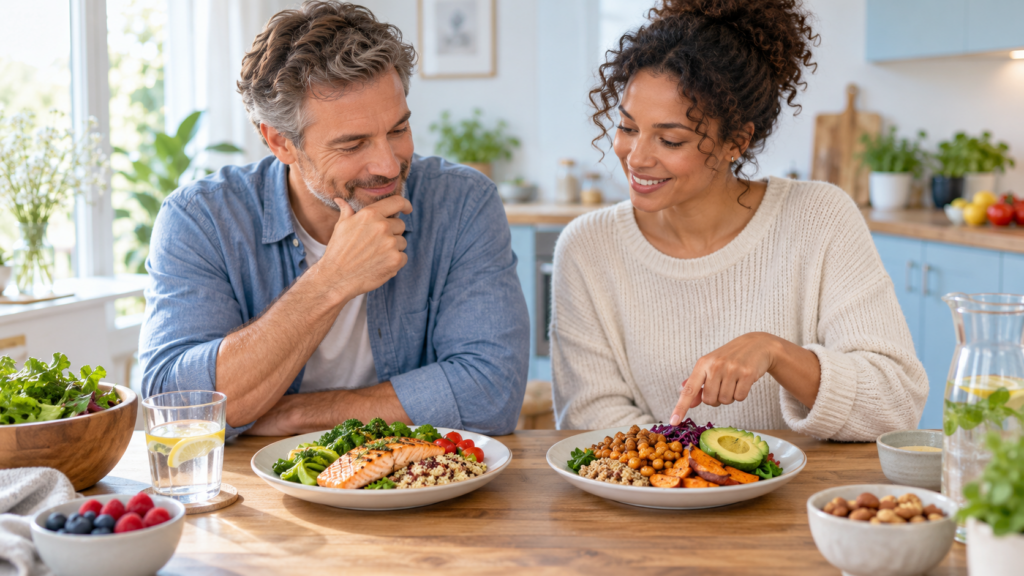 Deux adultes partagent des assiettes colorées de saumon, légumes, pois chiches, céréales, fruits rouges et eau citronnée dans une cuisine.