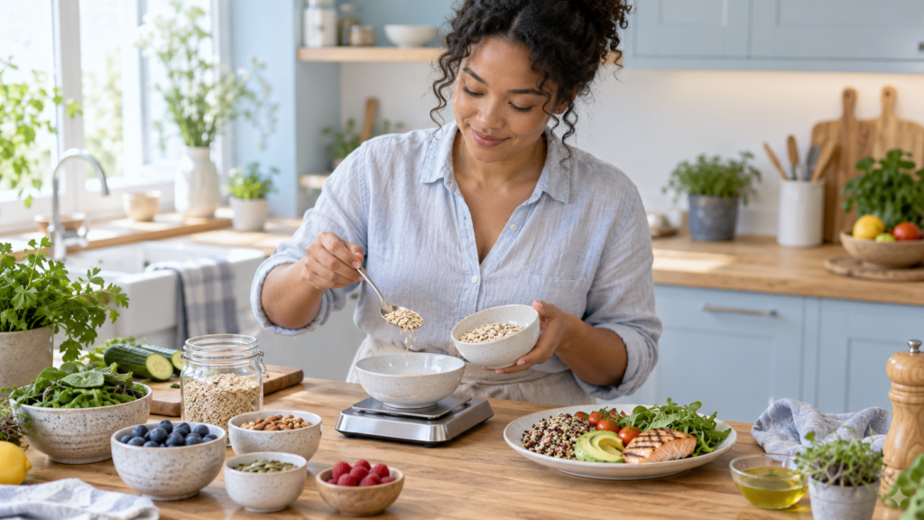Femme préparant un bol d’avoine sur une balance de cuisine, entourée de fruits rouges, légumes, graines et saumon.