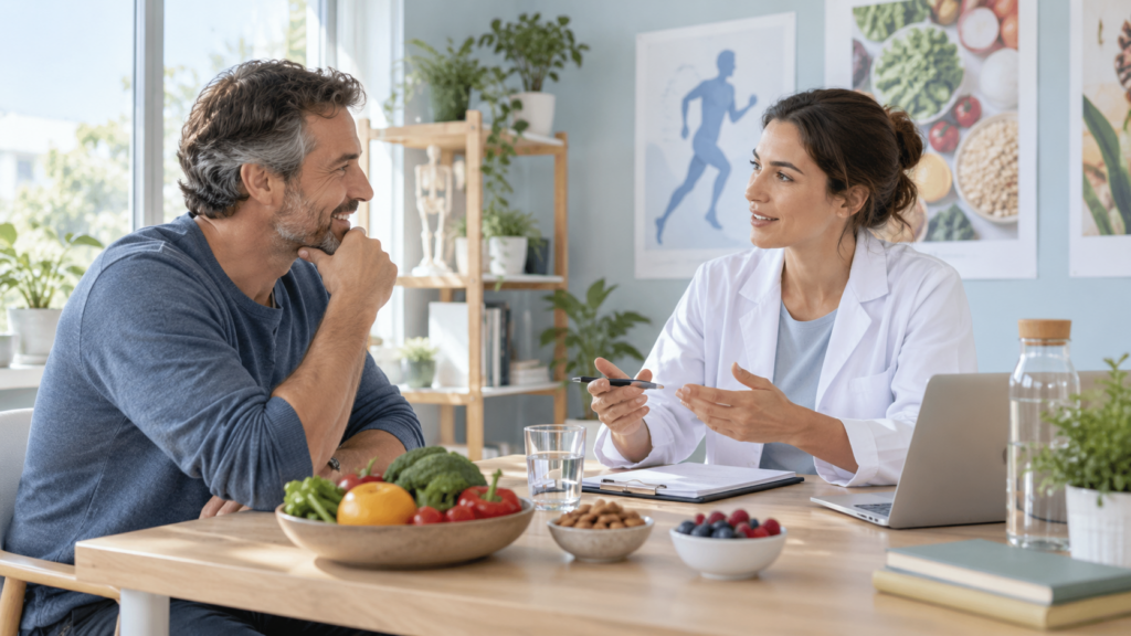 Homme mûr consultant une professionnelle de santé autour d’aliments frais, de fruits rouges, d’eau et d’un ordinateur portable.