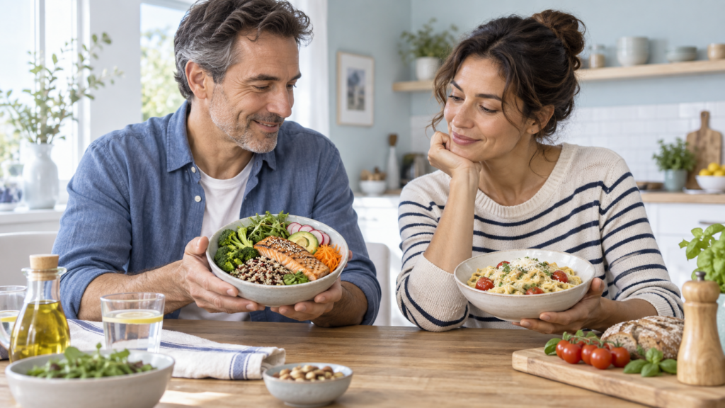 Un couple prépare et déguste des plats équilibrés dans une cuisine lumineuse, avec légumes, poisson, pâtes, pain et huile d’olive.