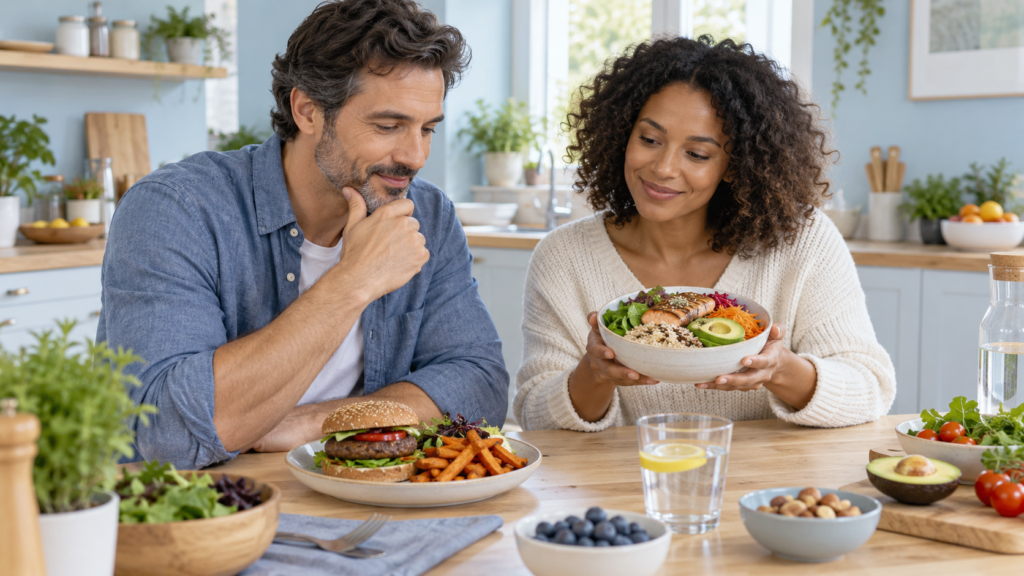 Deux adultes partagent une table, avec un bol de saumon, quinoa et légumes face à un burger-frites.