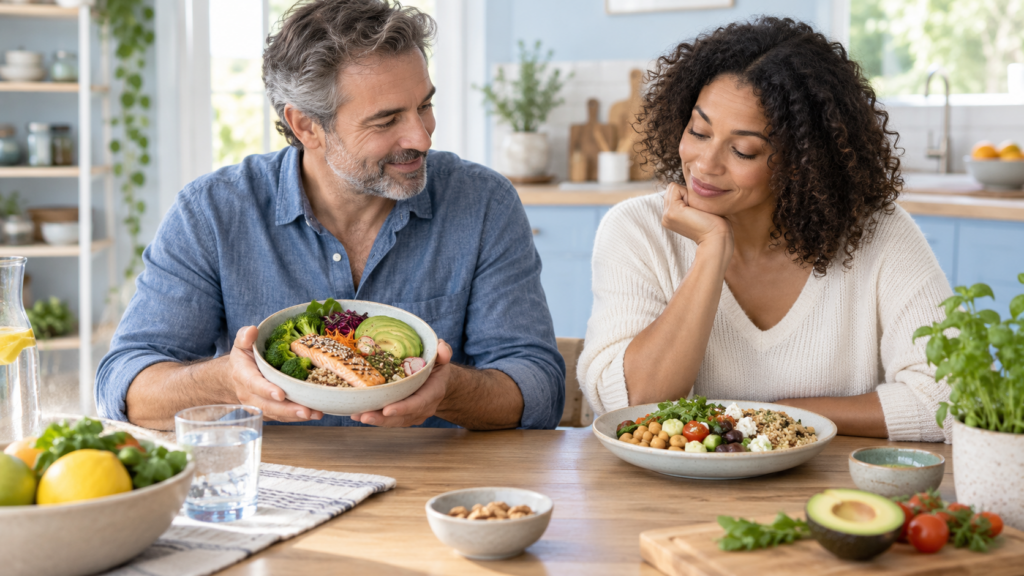 Deux adultes partagent une table avec des bols composés de légumes, céréales, légumineuses, avocat et saumon.