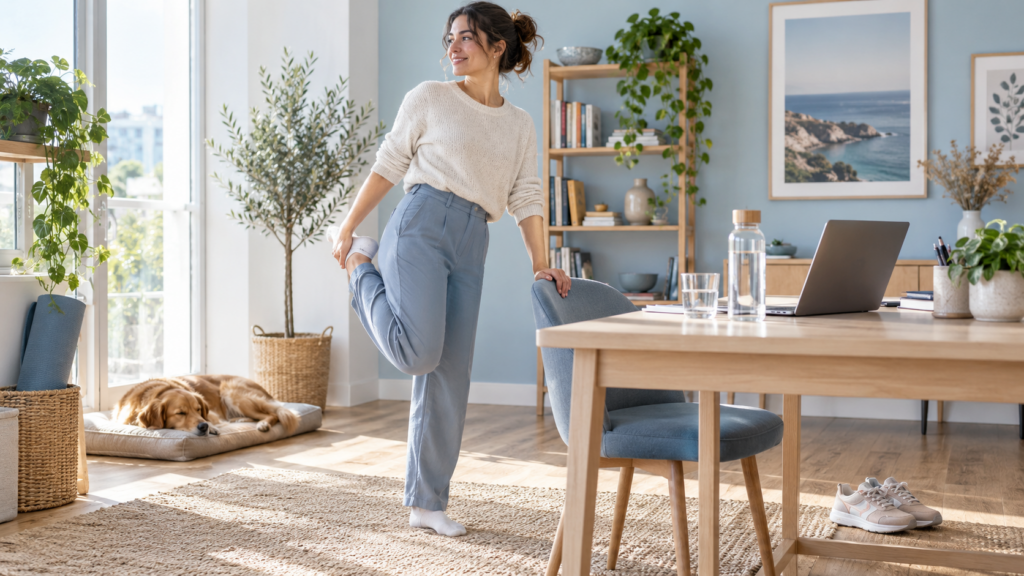 Femme étirant une jambe dans un intérieur lumineux, près d’un bureau avec ordinateur portable, bouteille d’eau, chaussures de sport et chien couché.