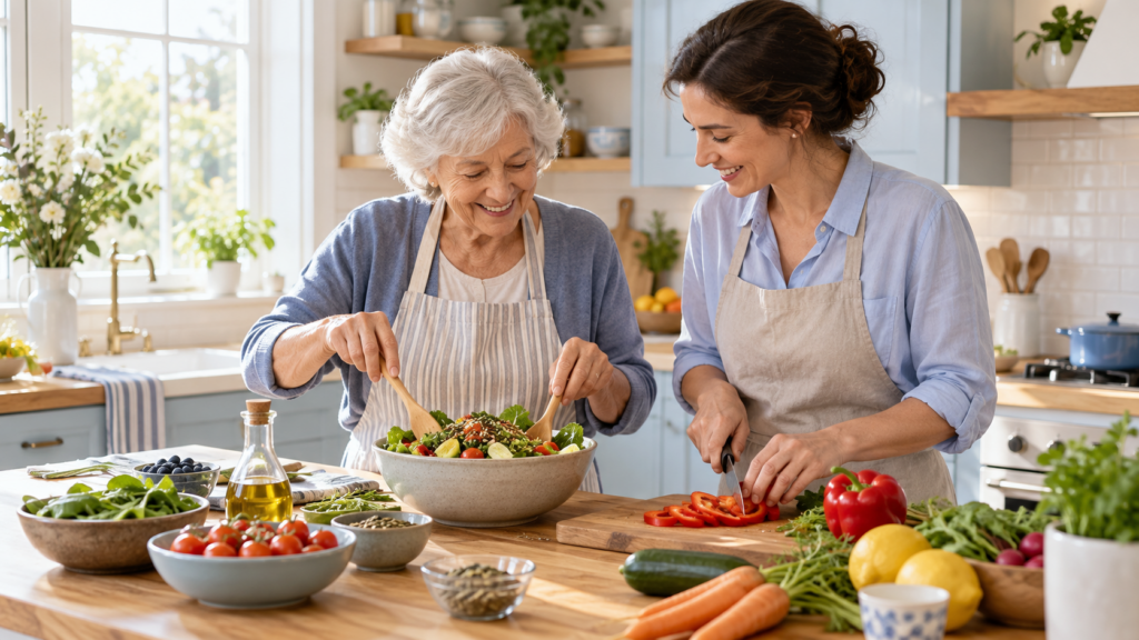 Deux femmes, dont une senior, préparent ensemble une grande salade avec légumes frais dans une cuisine lumineuse.