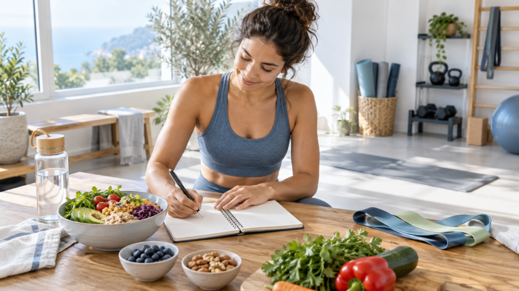 Femme sportive écrivant dans un carnet devant un bol composé, des fruits, des légumes et des accessoires d’entraînement.