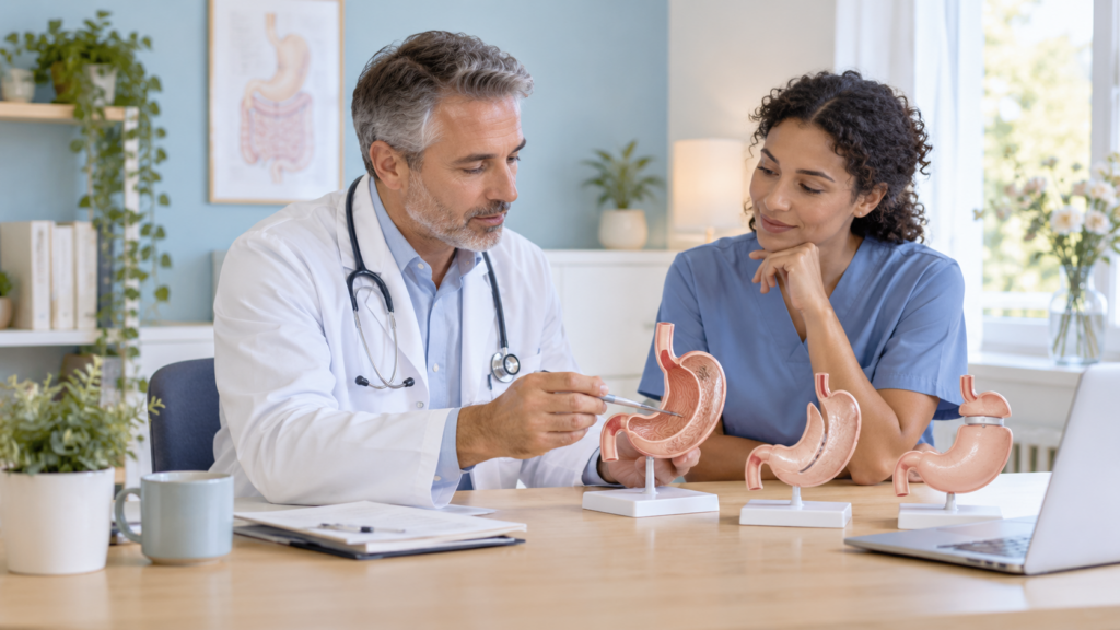 Médecin et patiente examinent plusieurs modèles anatomiques de l’estomac posés sur un bureau lors d’une consultation.