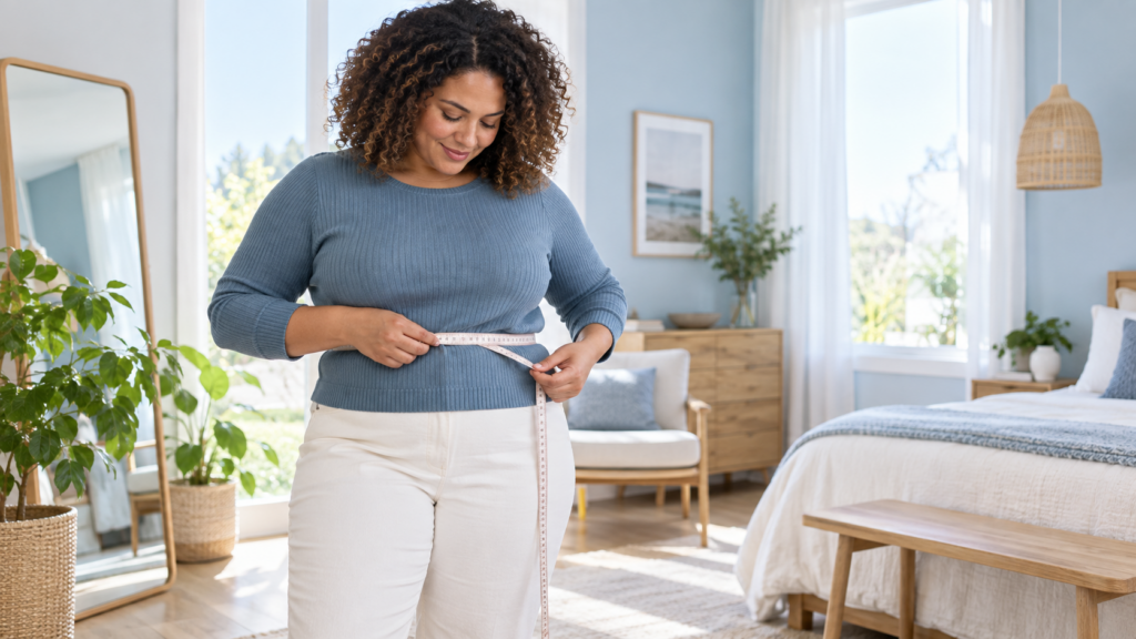 Femme mesurant son tour de taille avec un mètre ruban dans une chambre lumineuse