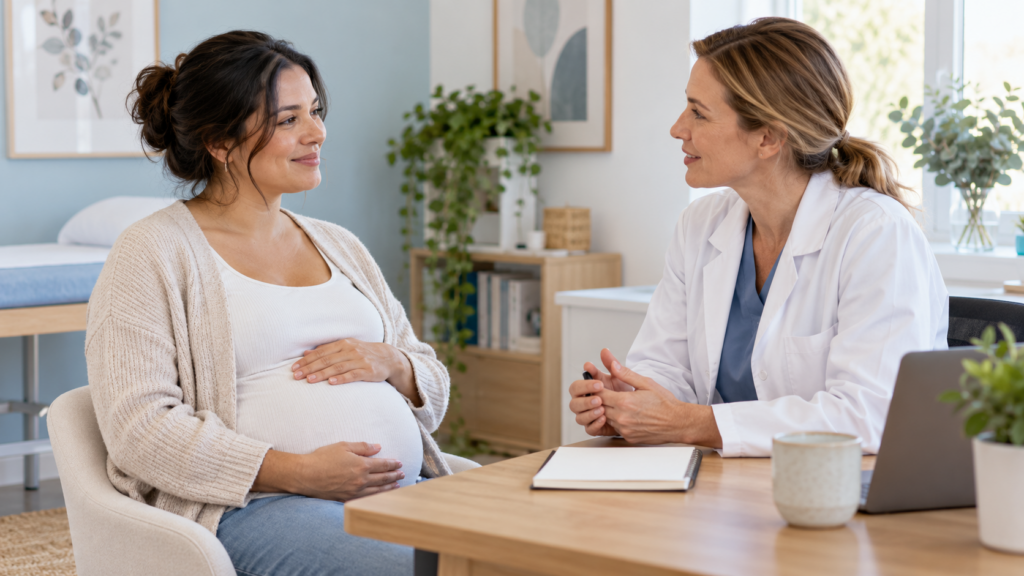 Femme enceinte échangeant avec une professionnelle de santé en blouse blanche lors d’une consultation, assise à un bureau.