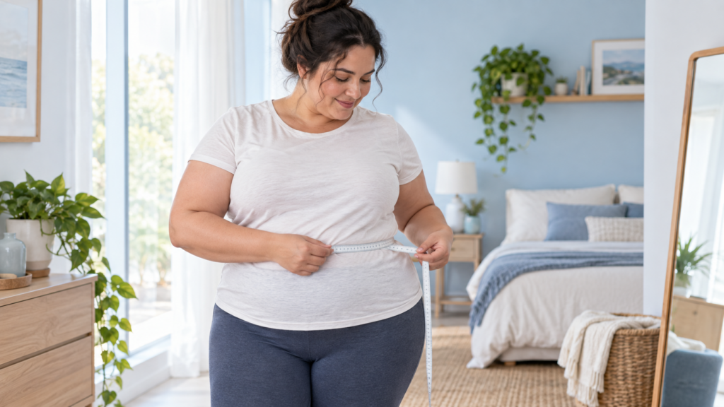 Femme adulte mesurant son tour de taille avec un mètre ruban dans une chambre lumineuse aux tons bleus