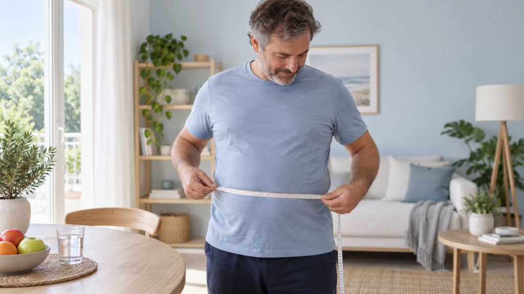 Homme d’âge mûr mesurant son tour de taille avec un mètre ruban dans un salon lumineux, avec fruits et verre d’eau au premier plan.