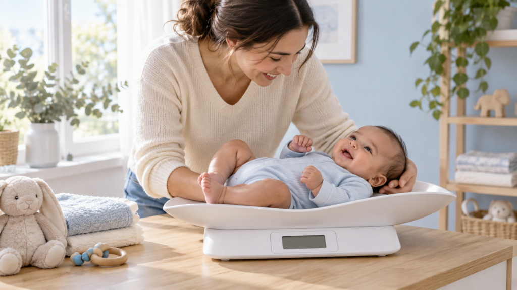 Mère souriant en pesant un bébé allongé sur une balance pédiatrique dans une chambre lumineuse