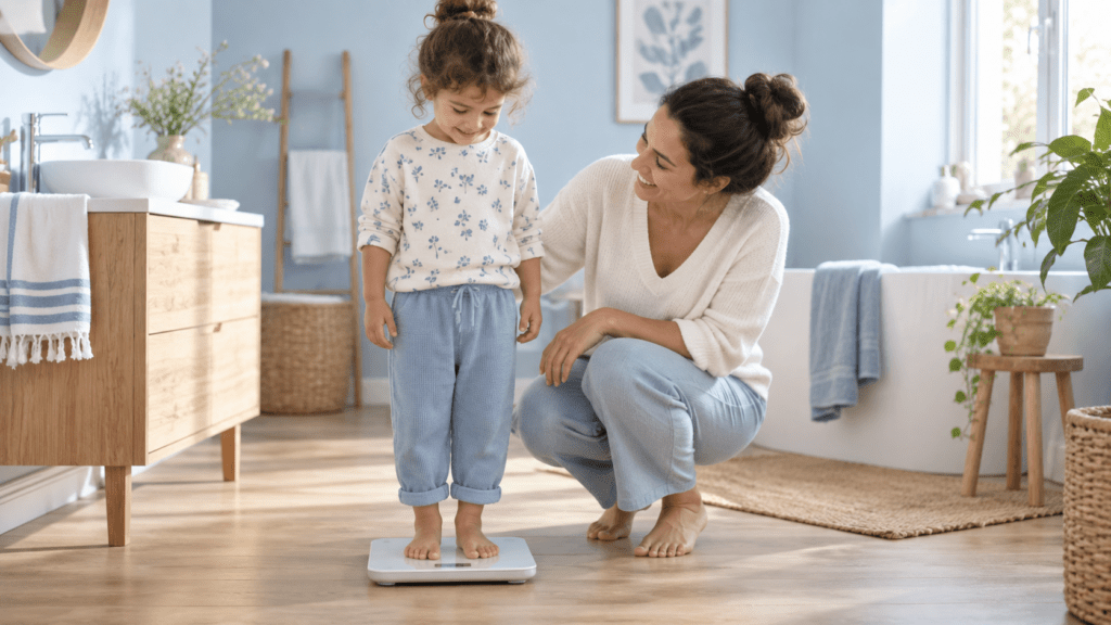 Jeune fille debout sur une balance, accompagnée d’une femme accroupie dans une salle de bains lumineuse.